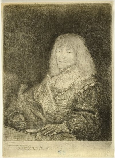 Mężczyzna przy biurku z krzyżem i łańcuchem autorstwa Rembrandt van Rijn