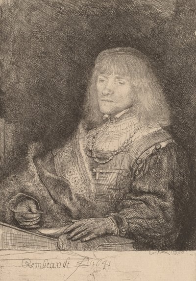 Mężczyzna przy biurku noszący krzyż i łańcuch, 1641. autorstwa Rembrandt van Rijn