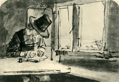 Mężczyzna rysujący w oknie, połowa XVII wieku, 1943. autorstwa Rembrandt van Rijn
