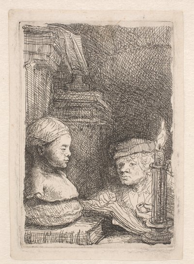 Mężczyzna rysujący na podstawie odlewu autorstwa Rembrandt van Rijn