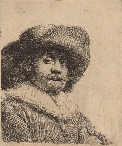 Mężczyzna w kapeluszu z szerokim rondem, prawdopodobnie 1638. autorstwa Rembrandt van Rijn