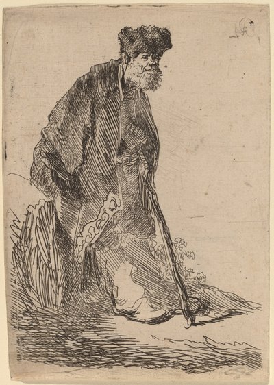 Mężczyzna w płaszczu i futrzanej czapce oparty o brzeg autorstwa Rembrandt van Rijn