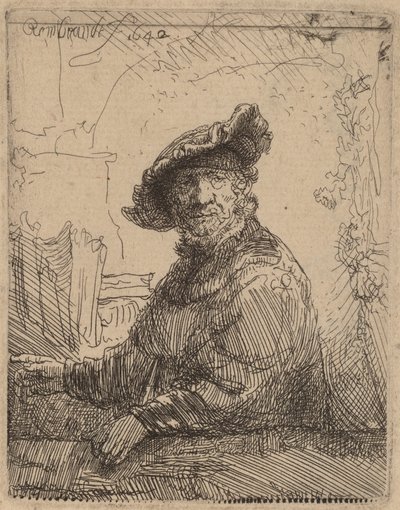 Mężczyzna w altanie, 1642. autorstwa Rembrandt van Rijn