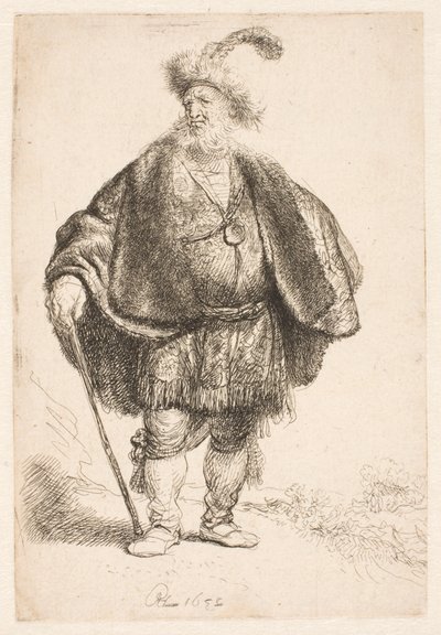 Mężczyzna w orientalnym stroju i futrzanej czapce z piórami autorstwa Rembrandt van Rijn