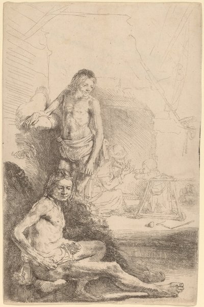 Nagi mężczyzna siedzący i nagi mężczyzna stojący, z kobietą i dzieckiem w tle autorstwa Rembrandt van Rijn