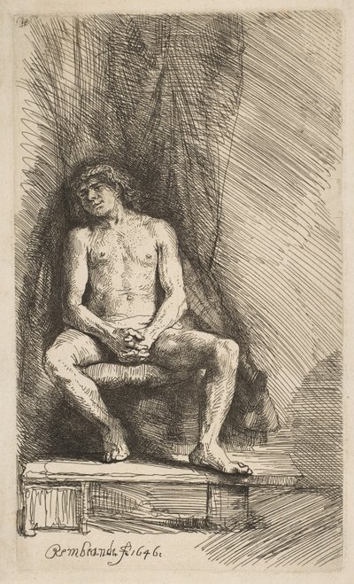 Nagi mężczyzna siedzący przed zasłoną, 1646. autorstwa Rembrandt van Rijn