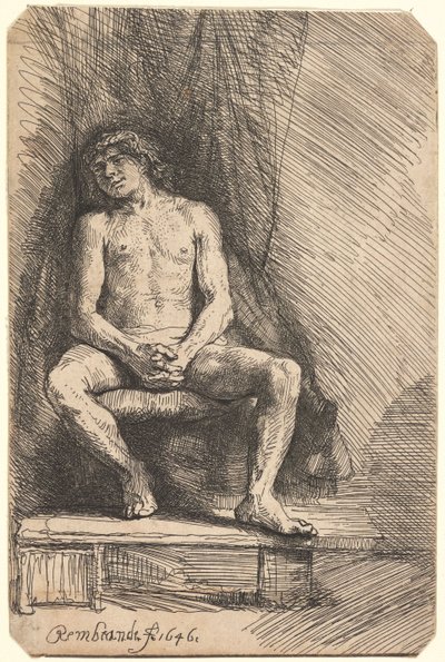 Nagi mężczyzna siedzący przed zasłoną (BB.46-Bi) autorstwa Rembrandt van Rijn