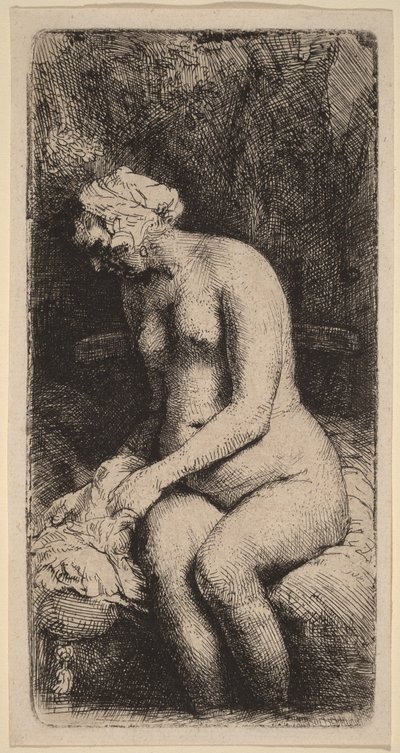 Akt siedzący na ławce z poduszką (Kobieta myjąca stopy nad strumieniem) autorstwa Rembrandt van Rijn