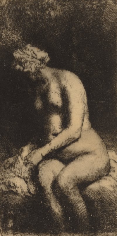 Akt siedzący na ławce z poduszką Kobieta kąpiąca stopy w potoku, 1658. autorstwa Rembrandt van Rijn