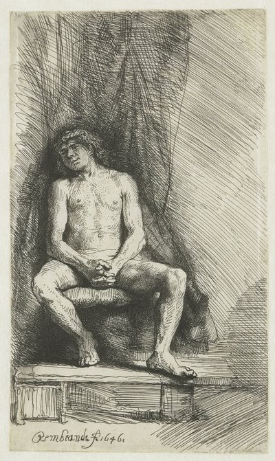 Nagi młody mężczyzna, siedzący przed zasłoną Nagi mężczyzna siedzący przed zasłoną autorstwa Rembrandt van Rijn