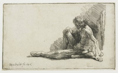 Nagi mężczyzna siedzący na ziemi z jedną nogą wyprostowaną autorstwa Rembrandt van Rijn