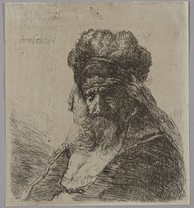 Stary brodaty mężczyzna w wysokiej futrzanej czapce, z zamkniętymi oczami autorstwa Rembrandt van Rijn