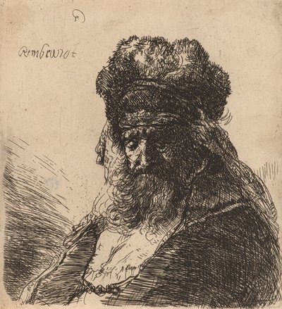 Stary brodaty mężczyzna w wysokiej futrzanej czapce, z zamkniętymi oczami, ok. 1930 r. 1635. autorstwa Rembrandt van Rijn