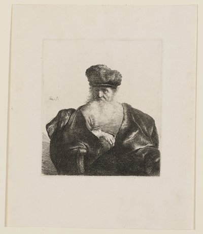 Starzec siedzący z długą brodą, w futrzanej czapce i aksamitnym płaszczu autorstwa Rembrandt van Rijn