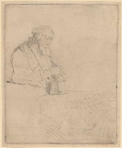Stary człowiek w medytacji, oparty na książce autorstwa Rembrandt van Rijn