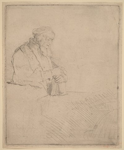 Starzec w medytacji, oparty o książkę autorstwa Rembrandt van Rijn