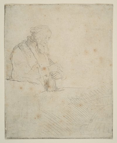 Stary człowiek w medytacji, wsparty na księdze, ca. 1645. autorstwa Rembrandt van Rijn