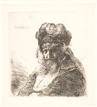Stary brodaty mężczyzna w wysokiej futrzanej czapce, z zamkniętymi oczami autorstwa Rembrandt van Rijn