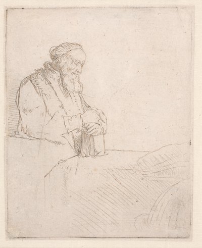 Starszy mężczyzna w trakcie medytacji, opierający się o książkę autorstwa Rembrandt van Rijn