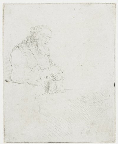 Starszy mężczyzna w trakcie medytacji, opierający się o książkę autorstwa Rembrandt van Rijn