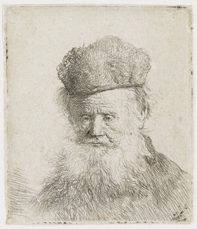 Starszy mężczyzna w futrzanej czapce i z długą brodą autorstwa Rembrandt van Rijn