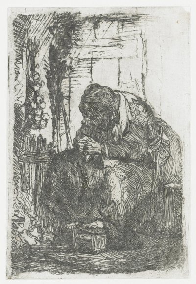 Starsza kobieta z cebulami, siedząca w chatce autorstwa Rembrandt van Rijn