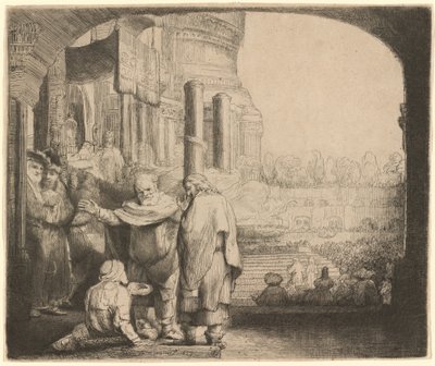 Piotr i Jan uzdrawiają kalekę przy bramie świątyni autorstwa Rembrandt van Rijn