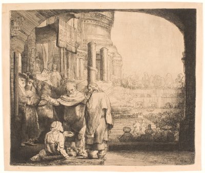 Piotr i Jan uzdrawiają kalekę w bramie świątyni” autorstwa Rembrandt van Rijn