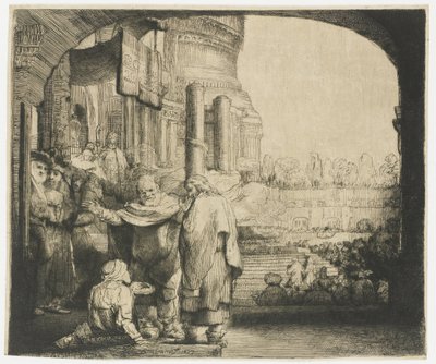 Piotr i Jan uzdrawiają kalekę w bramie świątyni” autorstwa Rembrandt van Rijn