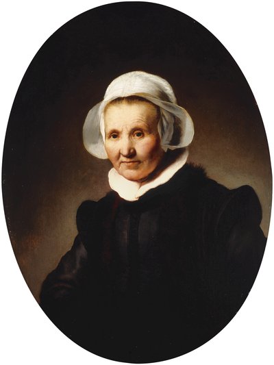Portret damy, lat 62, być może Aeltje Pietersdr. Uylenburgh, żona Johannesa Cornelisza. Sylwiusz, do połowy długości w czarnym stroju., 1632 autorstwa Rembrandt van Rijn