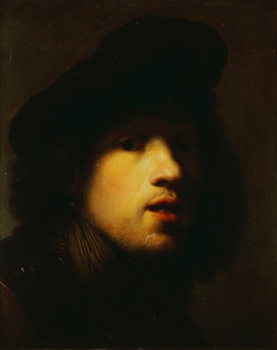Portret artysty, głowa i ramiona, w czarnym berecie i ryngrafie autorstwa Rembrandt van Rijn