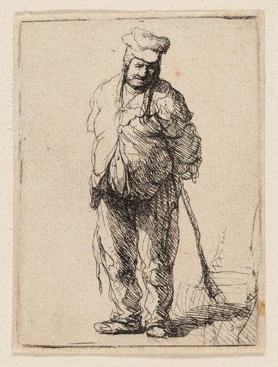 Obdarty chłop z rękami za sobą, trzymający kij autorstwa Rembrandt van Rijn