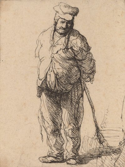 Obdarty chłop z rękami za sobą, trzymający kij, c. 1630. autorstwa Rembrandt van Rijn