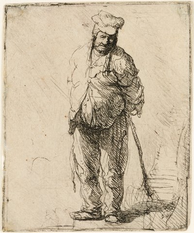 Obdarty chłop z rękami za sobą, trzymający kij, ok. 1630. autorstwa Rembrandt van Rijn