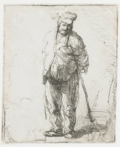 Obrzydliwy chłop z rękami za plecami, trzymający kij autorstwa Rembrandt van Rijn