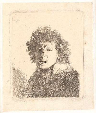 Rembrandt z odkrytą głową i otwartymi ustami, jakby krzyczał: biust autorstwa Rembrandt van Rijn