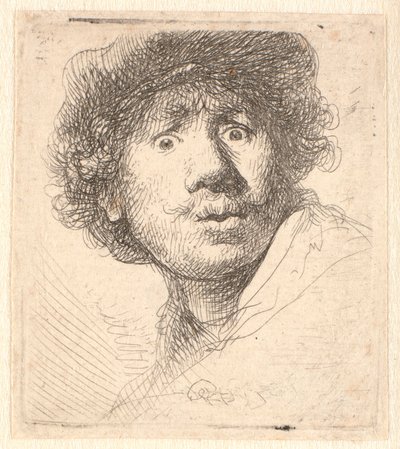 Rembrandt w czapce, z otwartymi ustami i wpatrujący się: biust w zarysie autorstwa Rembrandt van Rijn