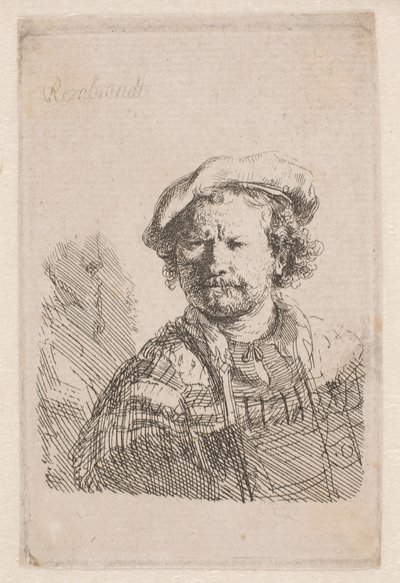 Rembrandt w kaszkiecie z szalem na ramionach autorstwa Rembrandt van Rijn