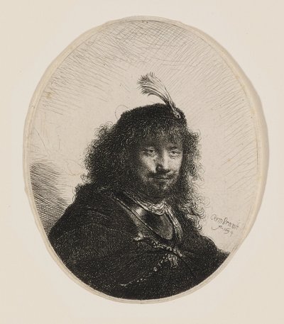 Rembrandt w czapce z piórkiem i z opuszczoną szablą autorstwa Rembrandt van Rijn