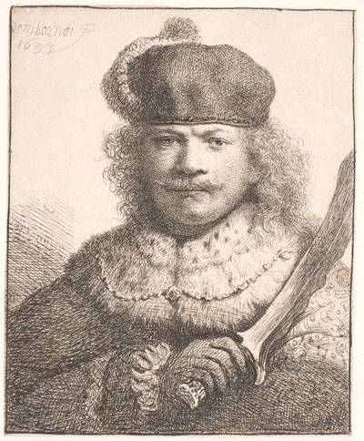 Rembrandt z uniesioną szablą: portret do połowy postaci autorstwa Rembrandt van Rijn