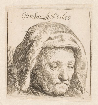 Matka Rembrandta w nakryciu głowy z tkaniny, spoglądająca w dół: tylko głowa autorstwa Rembrandt van Rijn