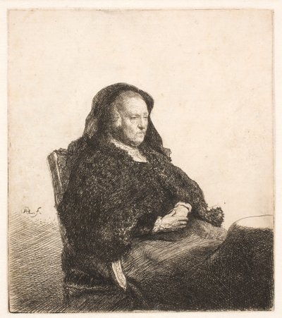Matka Rembrandta siedząca przy stole, patrząca w prawo: portret w trzech czwartych autorstwa Rembrandt van Rijn