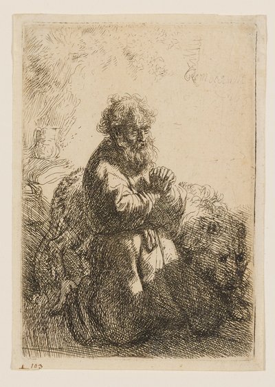 Święty Hieronim klęczący w modlitwie, spoglądający w dół autorstwa Rembrandt van Rijn