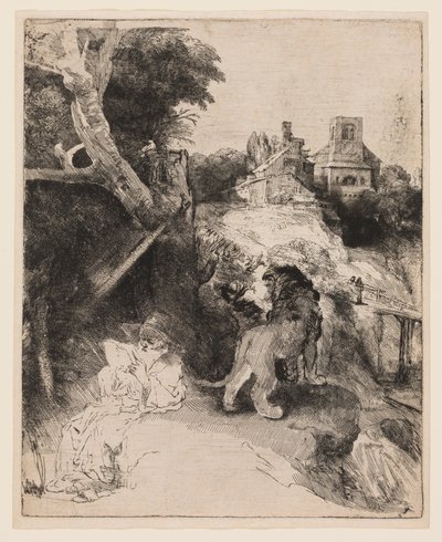 Św. Hieronim czytanie we włoskim krajobrazie autorstwa Rembrandt van Rijn
