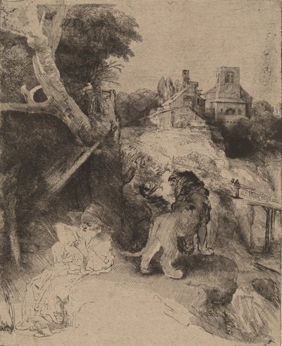 Św. Hieronim czytanie w pejzażu włoskim, c. 1653. autorstwa Rembrandt van Rijn