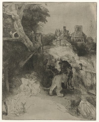 Święty Hieronim czytanie w włoskim krajobrazie Czytanie św. Hieronima we włoskim krajobrazie autorstwa Rembrandt van Rijn