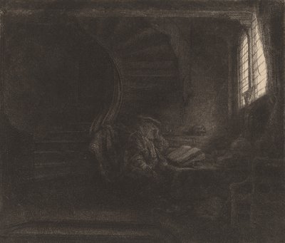 Święty Hieronim w Ciemnej Komnacie, 1642. autorstwa Rembrandt van Rijn