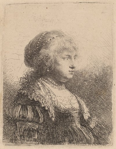 Saskia z perłami we włosach, 1634 autorstwa Rembrandt van Rijn