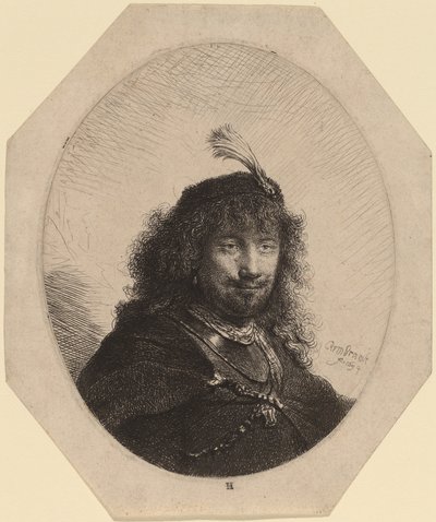 Autoportret (?) z czapką z piórem i opuszczoną szablą autorstwa Rembrandt van Rijn