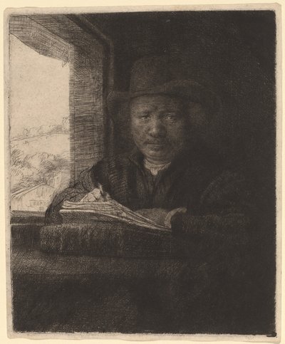 Rysowanie autoportretu w oknie autorstwa Rembrandt van Rijn